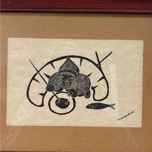 Vintage Framed Unnamed Print of Inuit Man Fishing by Agnes Nanogak Goose